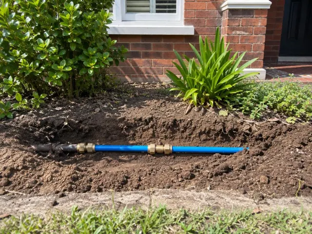 Exposed repaired blue water pipe in a soil trench beside a brick house wall in Granville