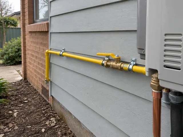 Yellow gas pipe and valve on a grey weatherboard exterior wall in Northmead